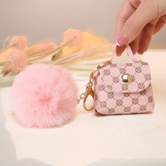 NEW  MINI PURSE  RETRO PRINT WITH  FLUFFY POMPOM KEYCHAIN BROWN COLOR - Picture 2 of 5